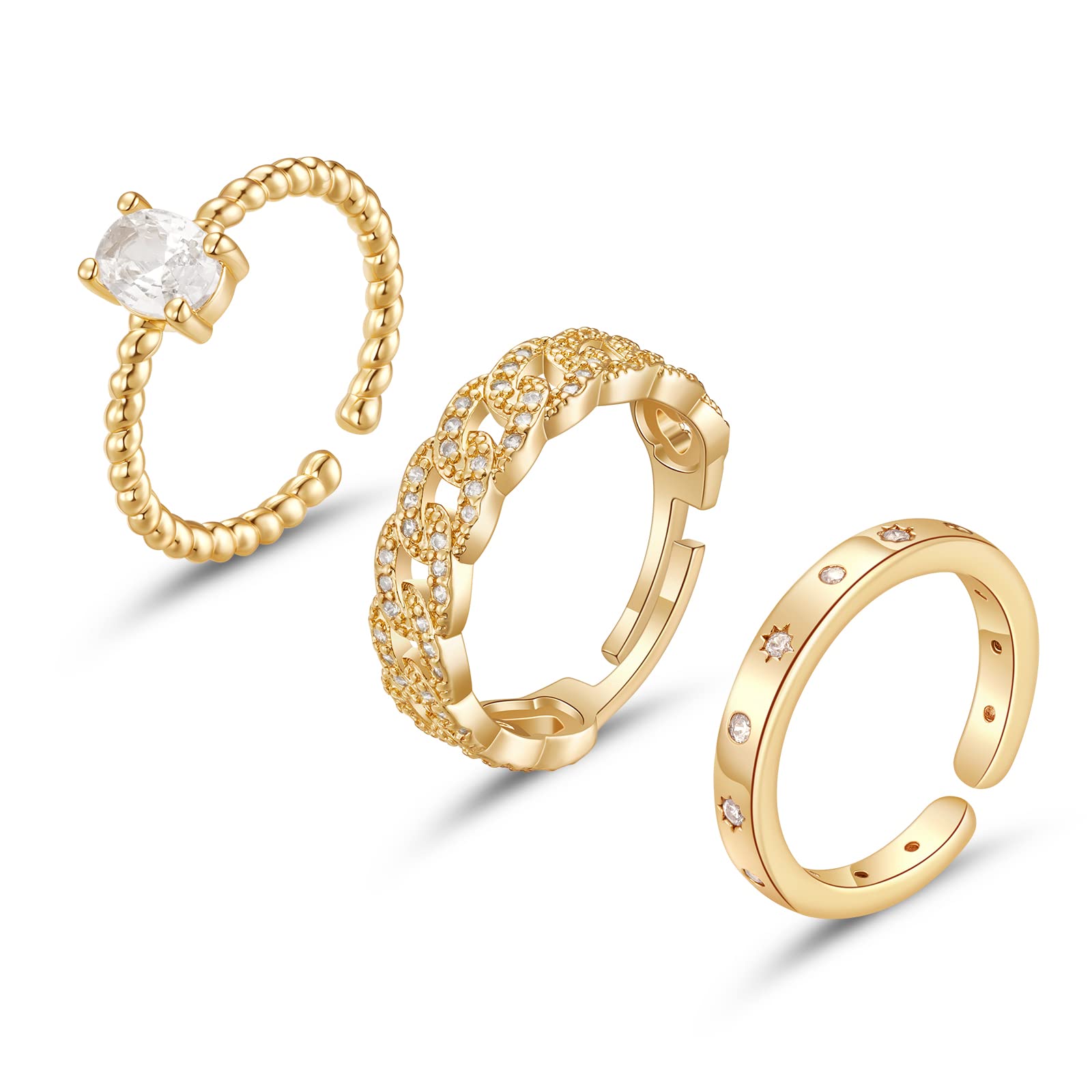 14K Gold Plated Twisted Ring Band with Cubic Zirconia for Women, Adjustable Stackable Design