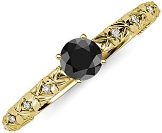 Women's Engagement Ring with Round Black Diamond Gem in Floral Engraved Milgrain Design, Crafted from 14K Rose Gold