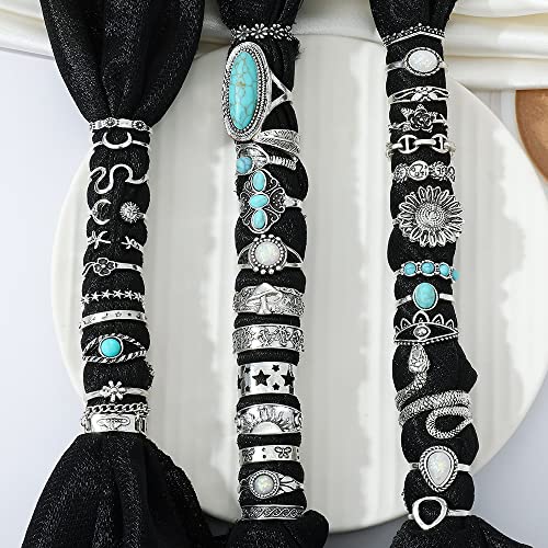 36Pcs Ring Set, Knuckle Rings for Women Girls, Vintage Silver Aesthetic Rings, Turquoise Ring, Crystal Rings, Boho Retro Stone Stackable Ring Sets, Western Jewelry, Gift for Her