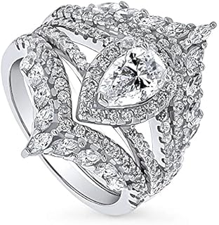 BERRICLE Sterling Silver Halo Wedding Engagement Rings Pear Cut Cubic Zirconia CZ Split Shank Ring Set for Women, Rhodium Plated Size 4-10