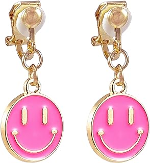 Preppy Clip On Earrings for Teen Girls Women Non Piercing Smile Face Pendant Pink White Gold Small Huggie Hoop Dangle Drop Earrings Trendy Y2K Jewelry Gifts