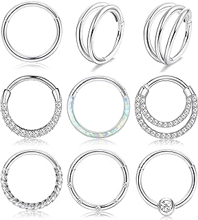 Besteel 9 Pcs Hypoallergenic Septum Rings 16G Surgical Steel Hinged Clicker Nose Hoops Set for Women Men Cute CZ Opal Cartilage Earrings Lip Helix Tragus Conch Daith Piercing Jewelry 8mm 10mm