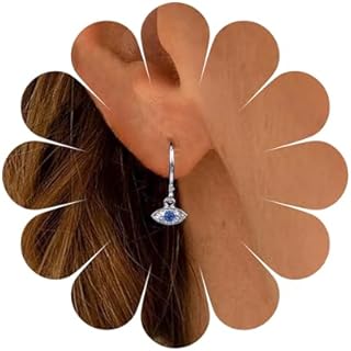 Silver Crystal Evil Eye Hoop Earrings with Clutchless Back for Women and Girls, Vintage Design