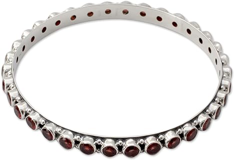 NOVICA Handmade .925 Sterling Silver Garnet Bangle Bracelet 15carat Fair Trade from India Red Birthstone Bollywood [7 in Inner Circ. x 0.2 in W] 'Love'S Energy'