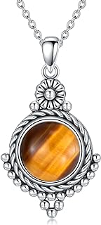 Tiger Eye Stone Necklace for Women 925 Sterling Silver Natural Round Gemstone Native American Southwestern Style Pendant Jewelry Gift Her Mother Wife Girlfriend