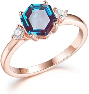 Lab Alexandrite Gemstone Genuine 925 Sterling Silver Ring for Women 585 Rose Gold Plated Hexagon Cut Women's Ring for Engagement Bride Romantic Birthday