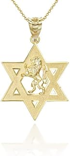 Spring Ring Clasp Lion of Judah Pendant Necklace in Solid 14K Yellow Gold - Rolo Chain Option Available - Perfect for Women - Star of David Design