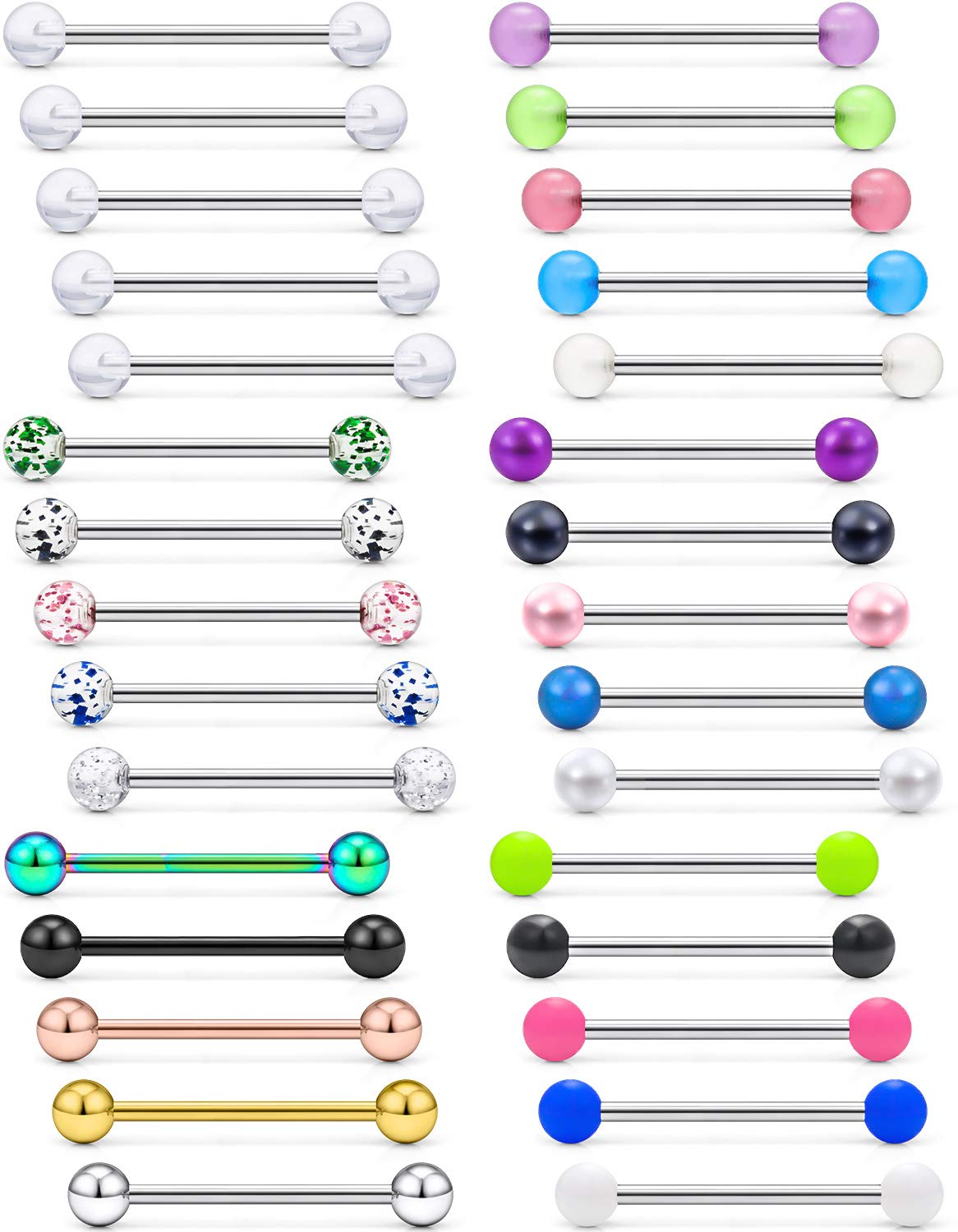 Prjndjw 14G, 16/19/22mmL, 25/30PCS, 5mm Ball Barbell Tongue Ring. Surgical Steel Nipple Piercing Vemom/Glow in The Dark/Created Pearl/Body Jewelry for Woman Unisex