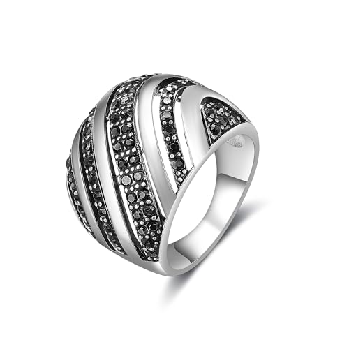 DOULLA Black Rings for Women - Vintage Black Onyx Ring Marcasite - Antique Retro Statement Stone Rings Cocktail Jewelry Christmas Gifts