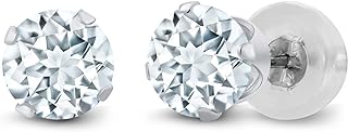 Gem Stone King 14K White Gold Sky Blue Aquamarine Stud Earrings For Women (0.80 Cttw, Gemstone Birthstone, Round 5MM)