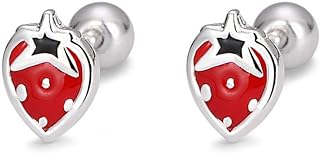 20g Tiny Strawberry Stud Earrings 925 Sterling Silver Hypoallergenic Small Ball Cartilage Earring for Women Girls Enamel Flat Fruit Screw Back Tragus Post Dainty Cute Birthday Holiday Jewelry Gifts