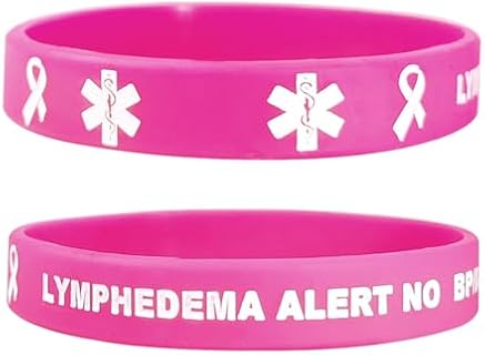 Lymphedema Alert Bracelet Breast Cancer Pink Ribbon no bp no Needles Lymphedema ID Rubber Wristbands Medical Alert Bracelets with Medical Wallet Insert Card