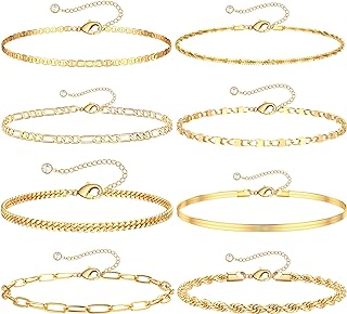 GMSOL Gold Ankle Bracelets for Women 14k Gold Plated Beach Waterproof Layered Cuban Figaro Anklets Set Stackable Foot Jewelry for Gift