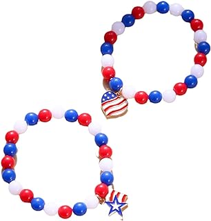 2Pcs Aonklot Amarica Flag Forget Me Not Charm Bracelets with Bead Chain and Lobster Claw Clasp, USA Beaded 4th of July Heart Patriotic Bracelets Jewelry Gift for Women