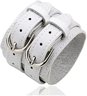 Punk Rock White Buffalo Double Row Belt Buckle Leather Cuff Bracelet with Buckle Clasp and No Gemstone Design