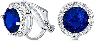 Traditional Classic 2CT Brilliant Cut Round AAA CZ Solitaire Halo Clip On Stud Earrings For Women Yellow Gold Or Silver Plated Non Pierced Simulated Gemstone Jewel Colors 7MM