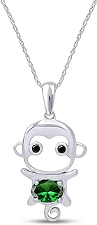 Simulated Gemstone Cute Monkey Animal Cartoon Pendant Necklace in 14K White Gold Plated 925 Sterling Silver With 18 Inch Rope Chain