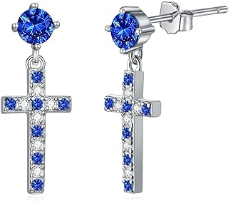 CTIEIP 0.12cttw Natural Diamond Sapphire Cross Stud Earrings Sterling Silver Tiny Cross Diamond Dangle Studs Created Blue Sapphire Diamond Cross Earrings Studs for Women
