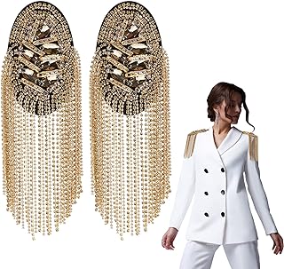 2pcs Metal Tassel Link Chain Epaulet Rhinestone Tassel Shoulder Epaulet Beaded Crystal Shoulder Boards Badge Brooch Pins Punk Epaulettes for Men Women Uniform Accessories (Gold)