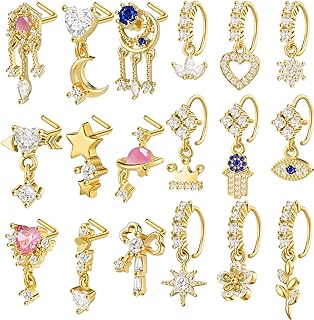 Junkin 18 Pcs 20g Dangle Nose Rings Studs Women L Shaped Dangling Nose Stud Hoop Nose Piercing Jewelry Heart Star Nose Rings