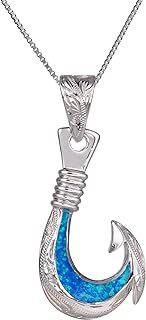 925 Sterling Silver Opal Fishhook Necklace Pendant with 18" Box Chain, Blue Opal, Nickel Free Hypoallergenic for Sensitive Skin, Hawaiian Heirloom, Gift Box Included