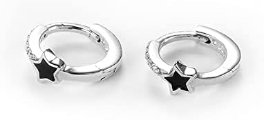 Cubic Zirconia Crystal 7mm Hoop Earrings in Star Design, Hinged Hoop Clasp for Easy Wearing, Dainty & Hypoallergenic Sterling Silver Jewelry Piece for Women