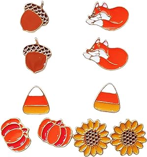 5 Pairs Small Cute Autumn Sunflower Pie Pumpkin Maple Pine Nut Fox Earrings Thanksgiving Fall Enamel Stud Earrings For Women Girls Thanksgiving Day Jewelry Gift