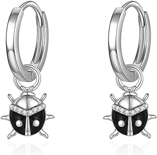 POPLYKE Women's Sterling Silver Black Ladybug Hoop Clip-On Earrings with Cubic Zirconia Gems, Elegant Animal Design Jewelry Gift