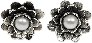 Handmade NOVICA Artisan Whiteeyed Lotus Stud Earrings with Push Back Closure, Cultured Freshwater Pearl Flower Design in .925 Sterling Silver- Indonesia Special