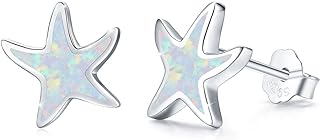 Sterling Silver Starfish Stud Earrings with Hypoallergenic Push Back, Opal Gem Accents - Ideal Gift for Women - Ocean Inspired Design