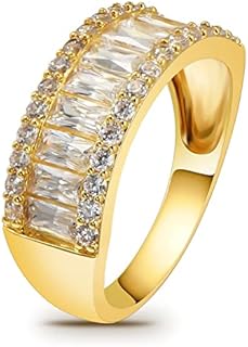Beutirer Wedding Rings for Women, 18K Gold Plated Promise Wedding Band for Women, 3-Row Round and Baguette Emerald Cut Cubic Zirconia Engagement Rings, Anniversary Rings, Gold Rings for Women Size 5-9