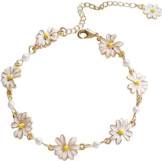 Pearl White Daisy Bead Bracelet with Lobster Claw Clasp for Women, Minimalistic Floral Design in Alloy Material