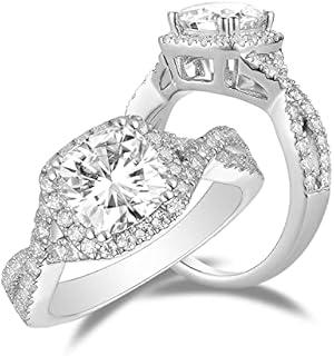 DovEggs Moissanite Engagement Rings for Women 2ct Center 7.5x7.5mm GHI Color Cushion Cut Near Colorless Moissanite Halo Split Shank Wedding Ring 14k Gold QUALITY Sterling Silver