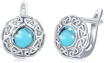 Sterling Silver Turquoise Earrings Celtic Knot Round Shape Hoop Earrings White Gold Plated Hypoallergenic Tiny Boho Leverback Earrings Good Luck Jewelry Gifts for Women Wife