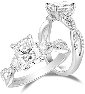 Sterling Silver DovEggs Moissanite Split Shank Engagement Ring Set, 2ct Radiant Cut GHI Color, Size 4.5