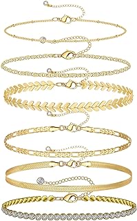 Ankle Bracelets for Women, Tennis Snake Figaro Chain Anklets for Summer, 14k Gold Plated Adjustable Beach Anklet Set, 6pcs Dainty Layered Rhinestone Jewelry Gift for Her