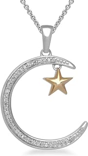 10K Rose, Yellow Gold and Sterling Silver White Diamond Star Pendant Necklace with Rolo Chain and Lobster Clasp for Women, Cross/Heart Key & Moon Design