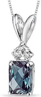 PEORA 14K White Gold Created Alexandrite with Genuine Diamond Pendant, Color-Changing Solitaire, Radiant Cut, 7x5mm, 1.25 Carats total