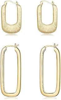 2-3Pair Square Earrings for Women, 14K Gold Plated Rectangle Hoop Earrings, Gold Chunky Hoop Earrings