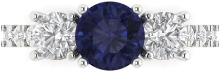 18K White Gold Clara Pucci 2 Carat Round Cut Solitaire Blue Sapphire Engagement Ring for Women, 3-Stone Design