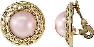 1928 Jewelry's Elegant Pink Pearl Clip-On Earrings with Intricate Filigree Design for Women, Non-Pierced