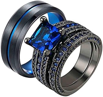 Couple Rings Black Gold Filled Princess cut Blue Cz Womens Wedding Ring Sets Man Tungsten Wedding Band
