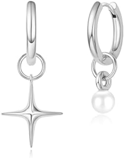 Gold Star Pearl Drop Dangle Earrings for Women, Snap-Back Design, 925 Sterling Silver Post, 14K Gold Plated Mini Huggie Hoop Earrings for Girls