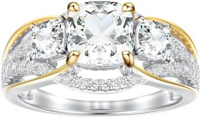 Hidden Gems Jewelry Sterling Silver Two Tone 3 Stones Clear CZ Cushion-cut 14K Gold Set in Rhodium Plating Engagement Rings for Women | Silver Rings for Women | Jewelry for Women