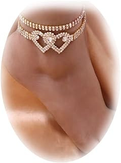 Sgoeths 2 Pcs Heart Ankle Bracelets For Women Crystal Rhinestone Tennis Armlet Bracelet For Girls Cuban Link Anklet Crystal Tennis Heart Pendant Anklets Boho Foot Chain Bracelet Rhinestone Leg Bracelet Jewelry (Gold Double Heart)