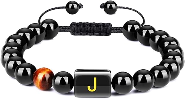 Initial Bracelets for Men Letter Link Handmade 8mm Natural Black Onyx Tiger Eye Stone Beads Braided Rope Meaningful Bracelet Father's Day Gift