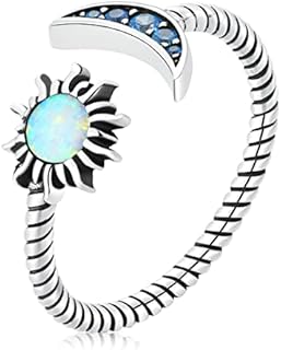 Blue CZ Crescent Moon and Sun Open Statement Rings 925 Sterling Silver Crystal Synthetic Opal Engagement Promise Ring Wedding Moon Ring Wrap Finger Band Adjustable Cute Jewelry Gifts for Women Girls