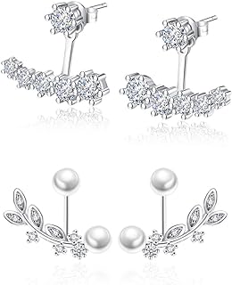 Ear Jacket Cuff Earrings Set Sterling Silver Front Back 2 in 1 with CZ Pearl
