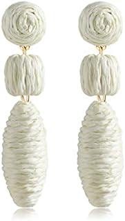 Natural Raffia Boho Inspired Women's Pink Drop Earrings with French Wire Back Finding and Ball Design