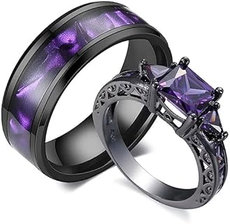 Black Gold Filled Women's & 8mm Titanium Steel Men's Wedding Rings Set with Purple Cubic Zirconia for Couples - Classic Design